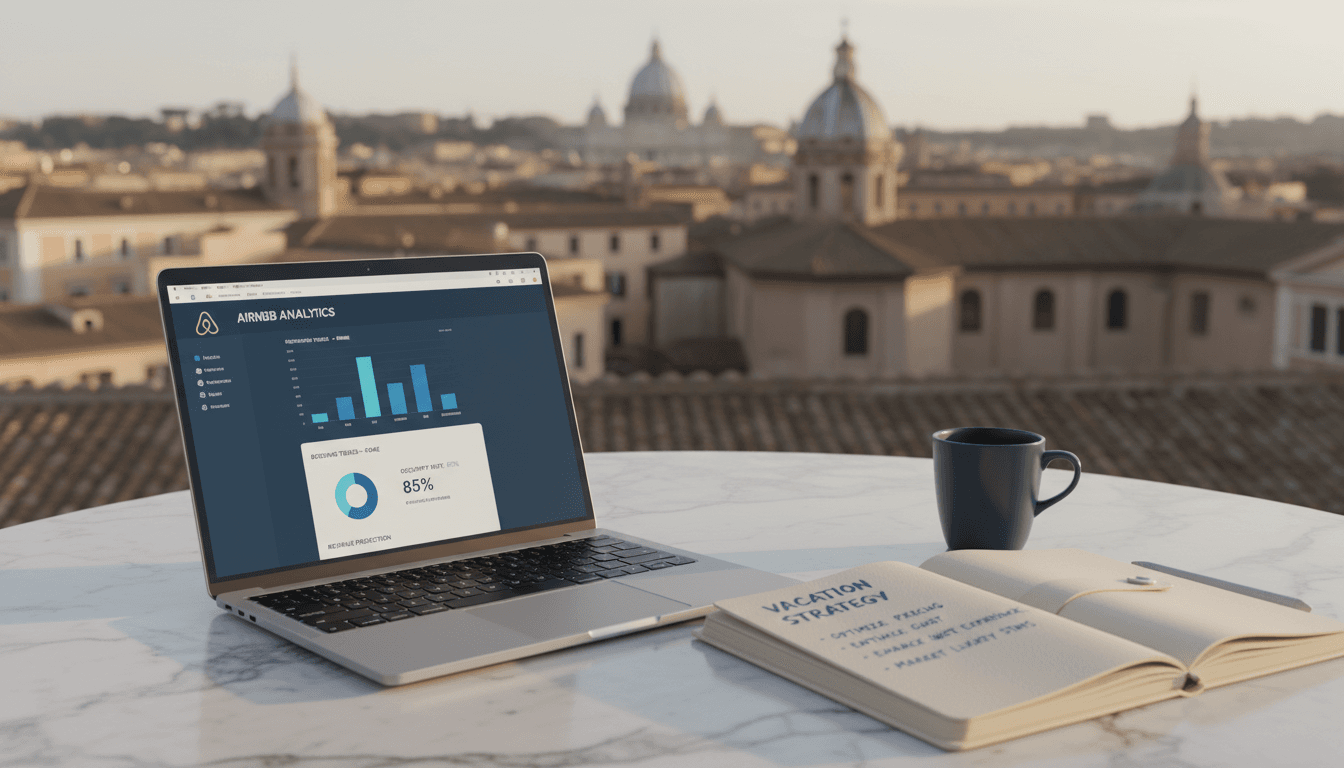 Consulente che esamina dati di prenotazione Airbnb in uno spazio di lavoro moderno a Roma