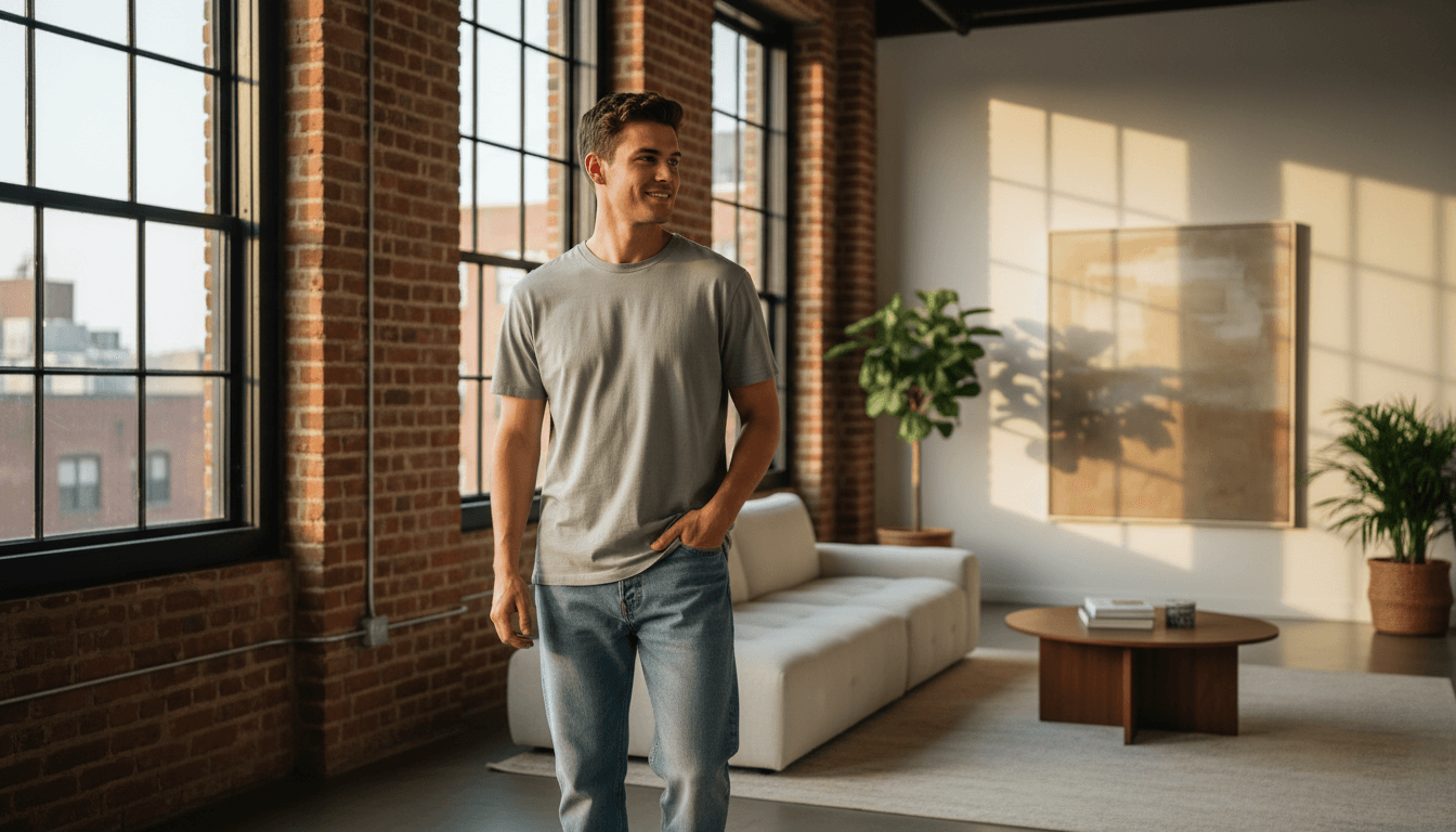 Young man wearing comfortable jeans and basic cotton shirt in bright modern urban loft, showcasing everyday casual menswear style and fit
