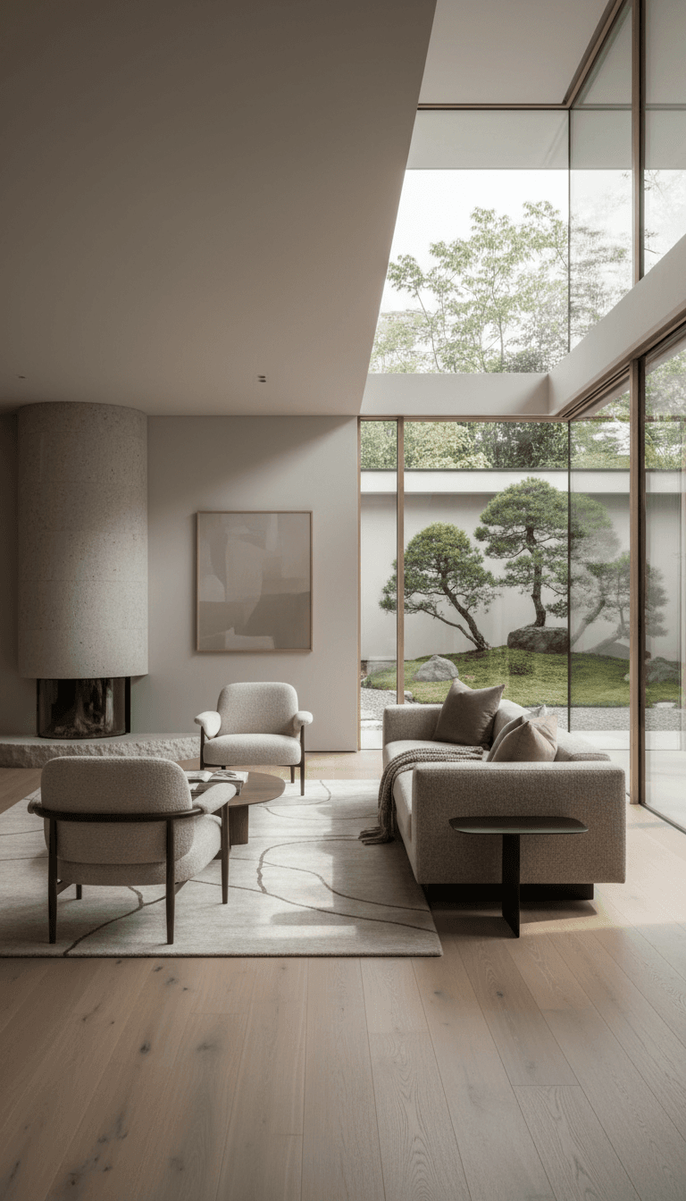 Luxurious open-plan living room with floor-to-ceiling windows, designer seating, stone fireplace, and serene private garden view