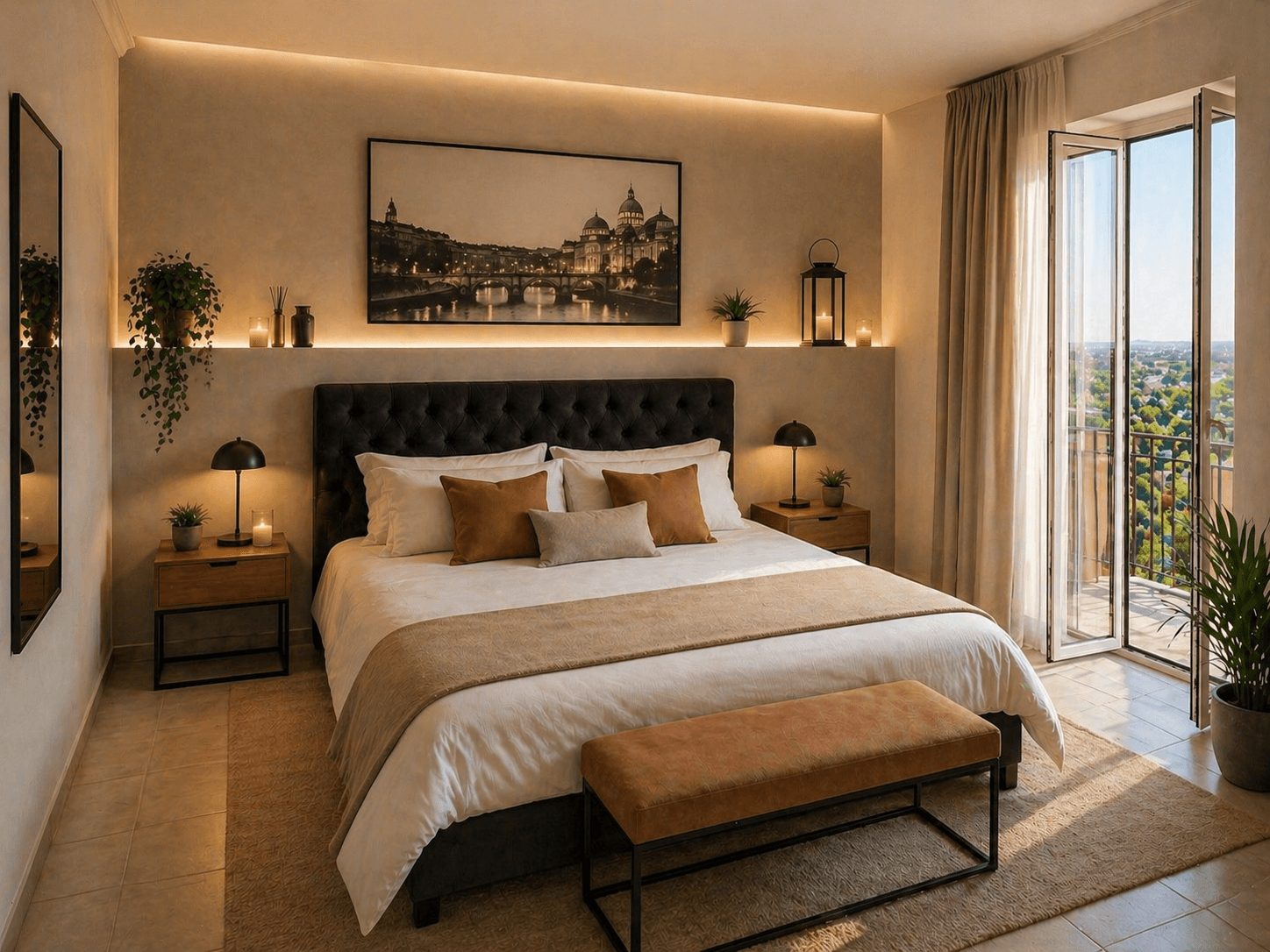 Camera da letto con testiera trapuntata, luci soffuse, quadro di Roma e balcone panoramico.