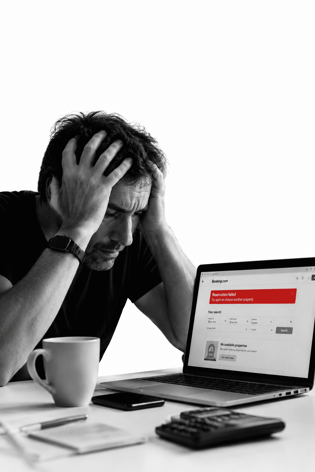 Uomo frustrato con mani sulla testa davanti a laptop con errore di prenotazione rosso.