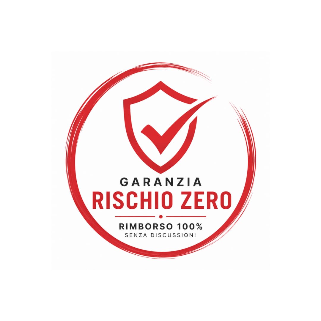 Logo circolare rosso con scudo e testo Garanzia Rischio Zero, Rimborso 100% senza discussioni.